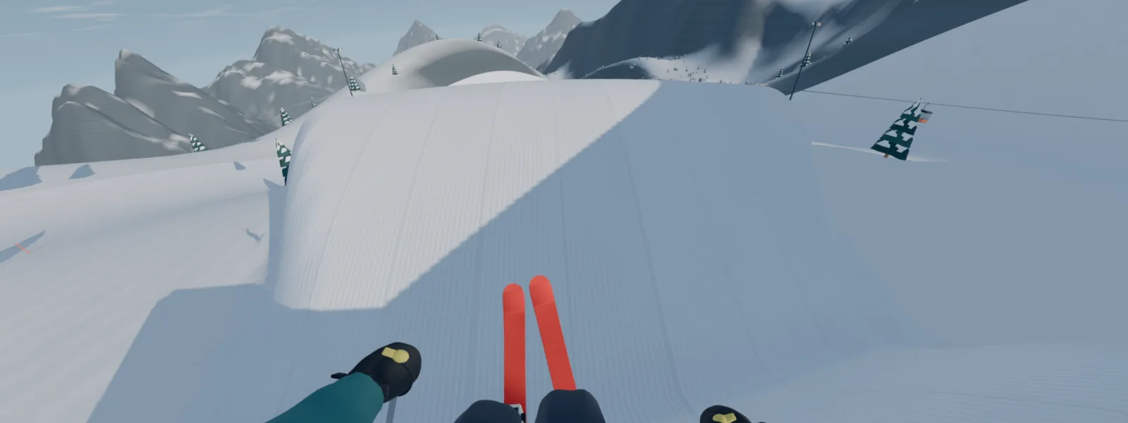 First-person Cork7 game view looking down a snowy jump